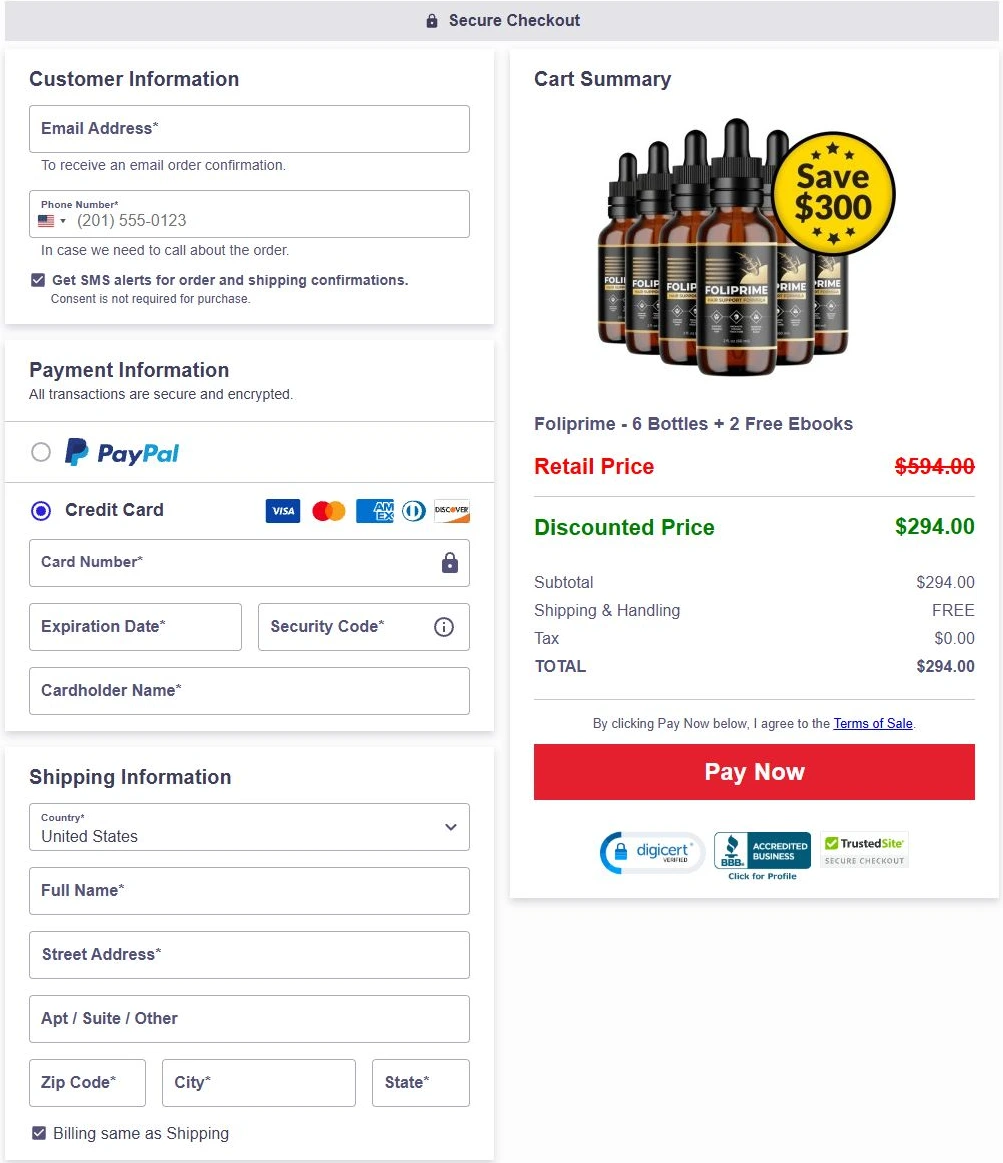 FoliPrime checkout showing customer, payment and order details