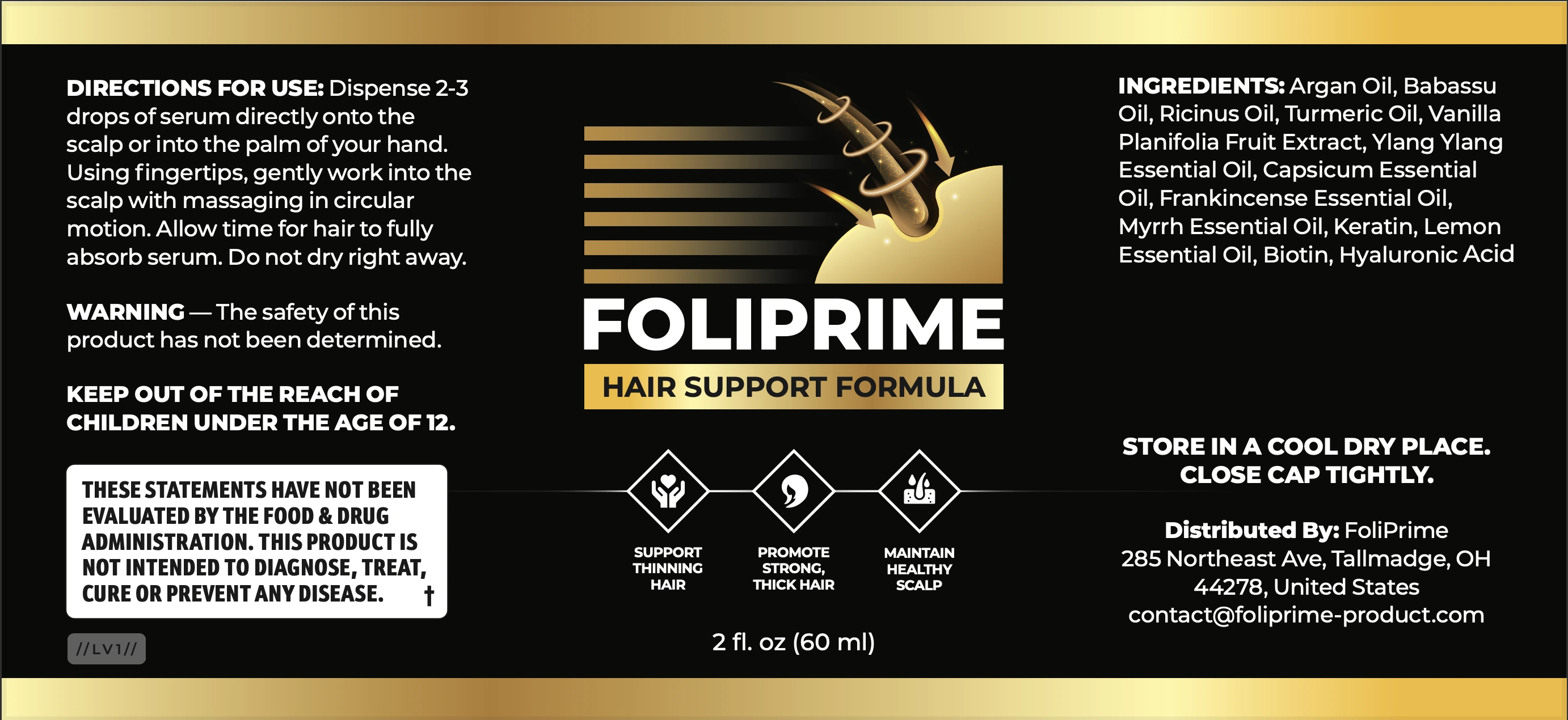 FoliPrime topical product label with ingredients, 2–3-drop directions and safety warning