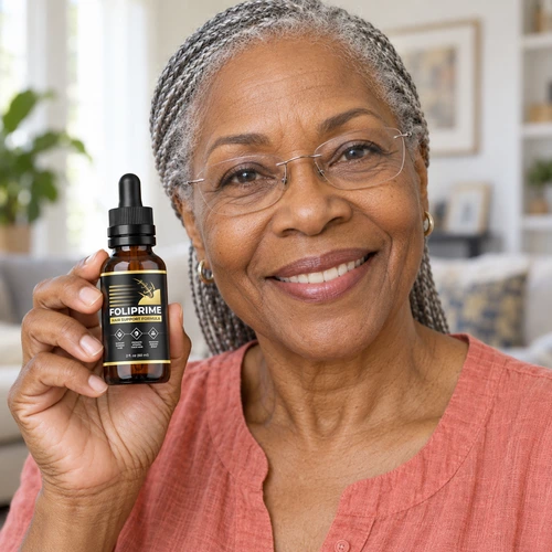 Person holding a FoliPrime bottle, product topic 2